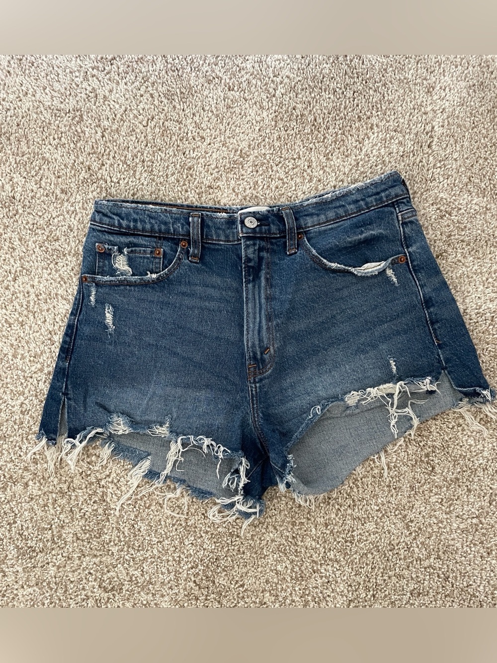 Abercrombie & Fitch Dark Blue Distressed High-Waist Denim Shorts